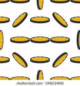 Illustration on theme Irish holiday St Patrick day, seamless pot of coins. Pattern St Patrick day of many identical coins in pot on white background. Pot for coins it main accessory for St Patrick day