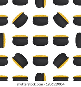 Illustration on theme Irish holiday St Patrick day, seamless pot of coins. Pattern St Patrick day of many identical coins in pot on white background. Pot for coins it main accessory for St Patrick day