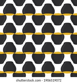 Illustration on theme Irish holiday St Patrick day, seamless pot of coins. Pattern St Patrick day of many identical coins in pot on white background. Pot for coins it main accessory for St Patrick day