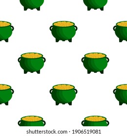 Illustration on theme Irish holiday St Patrick day, seamless pot of coins. Pattern St Patrick day of many identical coins in pot on white background. Pot for coins it main accessory for St Patrick day