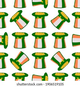 Illustration on theme Irish holiday St Patrick day, seamless headdress hats. Pattern St Patrick day consisting of many identical hats on white background. Hats it main accessory for St Patrick day.