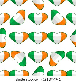 Illustration on theme Irish holiday St Patrick day, seamless color hearts. Pattern St Patrick day consisting of many identical hearts on white background. Hearts it main accessory for St Patrick day.