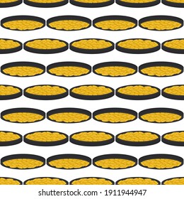 Illustration on theme Irish holiday St Patrick day, seamless pot of coins. Pattern St Patrick day of many identical coins in pot on white background. Pot for coins it main accessory for St Patrick day