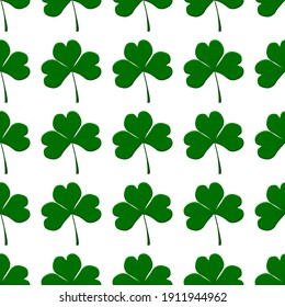 Illustration on theme Irish holiday St Patrick day, seamless green shamrock clover. Pattern St Patrick day consisting of many identical shamrock clover. Green shamrock main clover for St Patrick day.