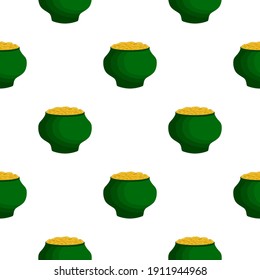 Illustration on theme Irish holiday St Patrick day, seamless pot of coins. Pattern St Patrick day of many identical coins in pot on white background. Pot for coins it main accessory for St Patrick day