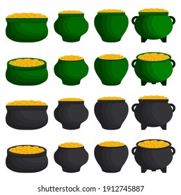 Illustration on theme Irish holiday St Patrick day, coins in pot. Pattern St Patrick day consisting of many different pot of coins on white background. Pot for coins it main accessory St Patrick day.