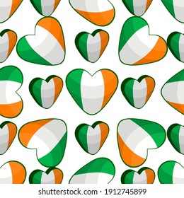 Illustration on theme Irish holiday St Patrick day, seamless color hearts. Pattern St Patrick day consisting of many identical hearts on white background. Hearts it main accessory for St Patrick day.