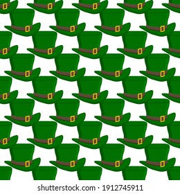 Illustration on theme Irish holiday St Patrick day, seamless headdress hats. Pattern St Patrick day consisting of many identical hats on white background. Hats it main accessory for St Patrick day.