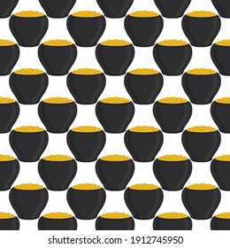Illustration on theme Irish holiday St Patrick day, seamless pot of coins. Pattern St Patrick day of many identical coins in pot on white background. Pot for coins it main accessory for St Patrick day