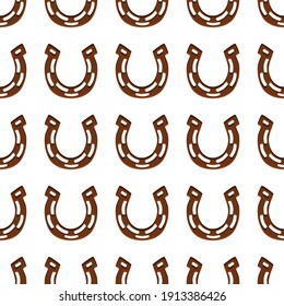 Illustration on theme Irish holiday St Patrick day, seamless horseshoes. Pattern St Patrick day consisting of identical horseshoes on white background. Horseshoes it main accessory for St Patrick day.