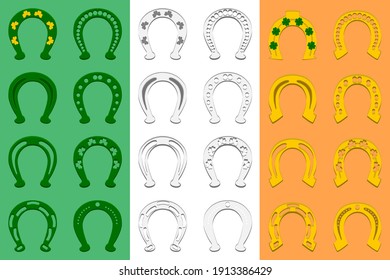 Illustration on theme Irish holiday St Patrick day, set color horseshoes. Pattern St Patrick day consisting of many different horseshoes on background. Horseshoes it main accessory for St Patrick day.