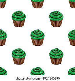 Illustration on theme Irish holiday St Patrick day, seamless green muffins. Pattern St Patrick day consisting of many identical muffins on white background. Muffins it main accessory St Patrick day.