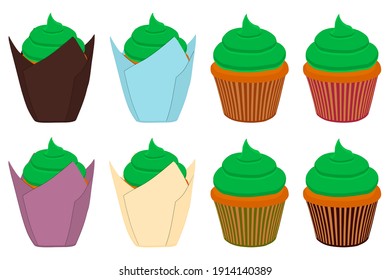 Illustration on theme Irish holiday St Patrick day, big color set muffins. Pattern St Patrick day consisting of many different muffins on white background. Muffins it main accessory for St Patrick day