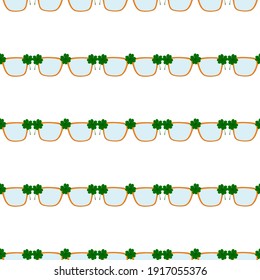 Illustration on theme Irish holiday St Patrick day, seamless eyeglasses. Pattern St Patrick day consisting of many identical eyeglasses on white background. Eyeglasses it main accessory St Patrick day