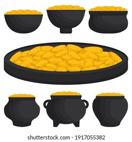 Illustration on theme Irish holiday St Patrick day, coins in pot. Pattern St Patrick day consisting of many different pot of coins on white background. Pot for coins it main accessory St Patrick day.