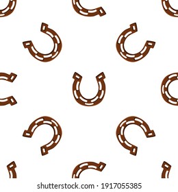 Illustration on theme Irish holiday St Patrick day, seamless horseshoes. Pattern St Patrick day consisting of identical horseshoes on white background. Horseshoes it main accessory for St Patrick day.