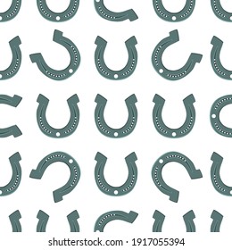 Illustration on theme Irish holiday St Patrick day, seamless horseshoes. Pattern St Patrick day consisting of identical horseshoes on white background. Horseshoes it main accessory for St Patrick day.