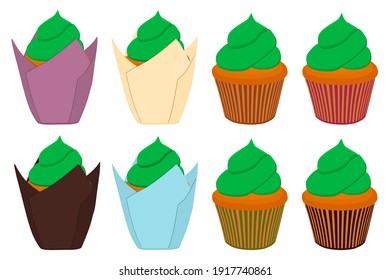 Illustration on theme Irish holiday St Patrick day, big set cupcakes. Pattern St Patrick day consisting of many different cupcakes on white background. Cupcakes it main accessory for St Patrick day.