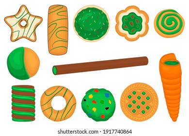 Illustration on theme Irish holiday St Patrick day, big set green cookies. Pattern St Patrick day consisting of many different cookies on white background. Cookies it main accessory for St Patrick day