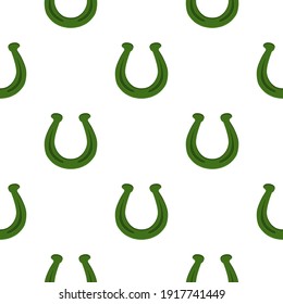 Illustration on theme Irish holiday St Patrick day, seamless horseshoes. Pattern St Patrick day consisting of identical horseshoes on white background. Horseshoes it main accessory for St Patrick day.