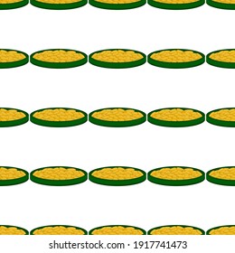 Illustration on theme Irish holiday St Patrick day, seamless pot of coins. Pattern St Patrick day of many identical coins in pot on white background. Pot for coins it main accessory for St Patrick day