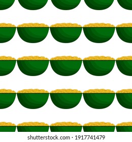 Illustration on theme Irish holiday St Patrick day, seamless pot of coins. Pattern St Patrick day of many identical coins in pot on white background. Pot for coins it main accessory for St Patrick day