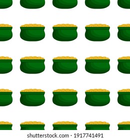 Illustration on theme Irish holiday St Patrick day, seamless pot of coins. Pattern St Patrick day of many identical coins in pot on white background. Pot for coins it main accessory for St Patrick day