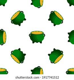 Illustration on theme Irish holiday St Patrick day, seamless pot of coins. Pattern St Patrick day of many identical coins in pot on white background. Pot for coins it main accessory for St Patrick day