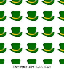 Illustration on theme Irish holiday St Patrick day, seamless headdress hats. Pattern St Patrick day consisting of many identical hats on white background. Hats it main accessory for St Patrick day.