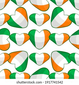 Illustration on theme Irish holiday St Patrick day, seamless color hearts. Pattern St Patrick day consisting of many identical hearts on white background. Hearts it main accessory for St Patrick day.