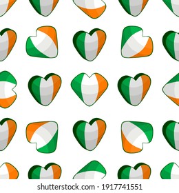 Illustration on theme Irish holiday St Patrick day, seamless color hearts. Pattern St Patrick day consisting of many identical hearts on white background. Hearts it main accessory for St Patrick day.