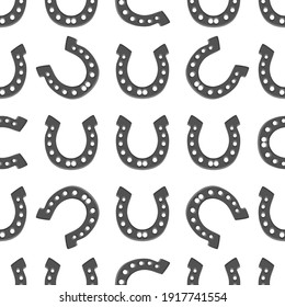 Illustration on theme Irish holiday St Patrick day, seamless horseshoes. Pattern St Patrick day consisting of identical horseshoes on white background. Horseshoes it main accessory for St Patrick day.