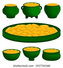 Illustration on theme Irish holiday St Patrick day, coins in pot. Pattern St Patrick day consisting of many different pot of coins on white background. Pot for coins it main accessory St Patrick day.