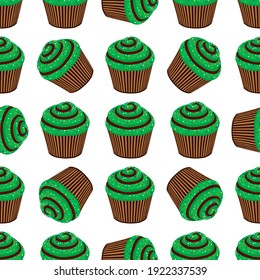 Illustration on theme Irish holiday St Patrick day, seamless green muffins. Pattern St Patrick day consisting of many identical muffins on white background. Muffins it main accessory St Patrick day.