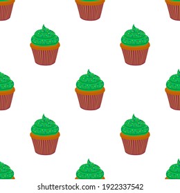 Illustration on theme Irish holiday St Patrick day, seamless green muffins. Pattern St Patrick day consisting of many identical muffins on white background. Muffins it main accessory St Patrick day.