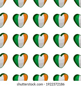 Illustration on theme Irish holiday St Patrick day, seamless color hearts. Pattern St Patrick day consisting of many identical hearts on white background. Hearts it main accessory for St Patrick day.