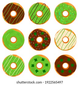 Illustration on theme Irish holiday St Patrick day, big set doughnuts. Pattern St Patrick day consisting of many different doughnuts on white background. Doughnuts it main accessory for St Patrick day