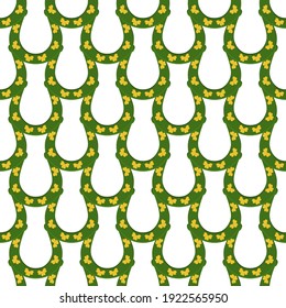 Illustration on theme Irish holiday St Patrick day, seamless horseshoes. Pattern St Patrick day consisting of identical horseshoes on white background. Horseshoes it main accessory for St Patrick day.