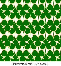 Illustration on theme Irish holiday St Patrick day, seamless green shamrock clover. Pattern St Patrick day consisting of many identical shamrock clover. Green shamrock main clover for St Patrick day.