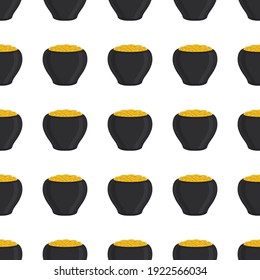 Illustration on theme Irish holiday St Patrick day, seamless pot of coins. Pattern St Patrick day of many identical coins in pot on white background. Pot for coins it main accessory for St Patrick day