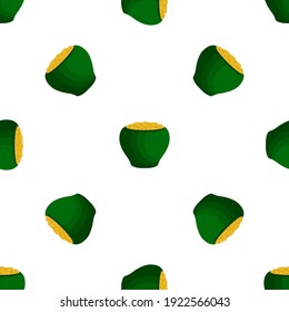 Illustration on theme Irish holiday St Patrick day, seamless pot of coins. Pattern St Patrick day of many identical coins in pot on white background. Pot for coins it main accessory for St Patrick day