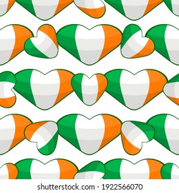 Illustration on theme Irish holiday St Patrick day, seamless color hearts. Pattern St Patrick day consisting of many identical hearts on white background. Hearts it main accessory for St Patrick day.