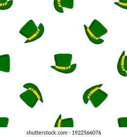 Illustration on theme Irish holiday St Patrick day, seamless headdress hats. Pattern St Patrick day consisting of many identical hats on white background. Hats it main accessory for St Patrick day.