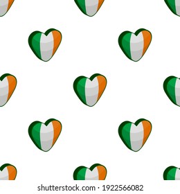 Illustration on theme Irish holiday St Patrick day, seamless color hearts. Pattern St Patrick day consisting of many identical hearts on white background. Hearts it main accessory for St Patrick day.