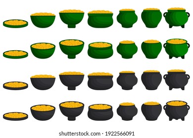 Illustration on theme Irish holiday St Patrick day, coins in pot. Pattern St Patrick day consisting of many different pot of coins on white background. Pot for coins it main accessory St Patrick day.