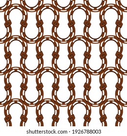 Illustration on theme Irish holiday St Patrick day, seamless horseshoes. Pattern St Patrick day consisting of identical horseshoes on white background. Horseshoes it main accessory for St Patrick day.
