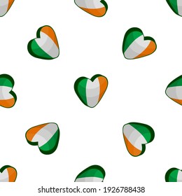 Illustration on theme Irish holiday St Patrick day, seamless color hearts. Pattern St Patrick day consisting of many identical hearts on white background. Hearts it main accessory for St Patrick day.