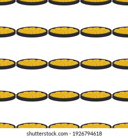 Illustration on theme Irish holiday St Patrick day, seamless pot of coins. Pattern St Patrick day of many identical coins in pot on white background. Pot for coins it main accessory for St Patrick day