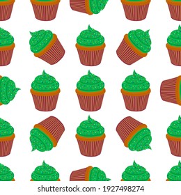 Illustration on theme Irish holiday St Patrick day, seamless green muffins. Pattern St Patrick day consisting of many identical muffins on white background. Muffins it main accessory St Patrick day.