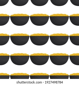 Illustration on theme Irish holiday St Patrick day, seamless pot of coins. Pattern St Patrick day of many identical coins in pot on white background. Pot for coins it main accessory for St Patrick day